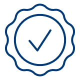 A blue outline of a rosette or seal with a check mark inside, symbolizing certification, approval, or verification, on a light gray background.