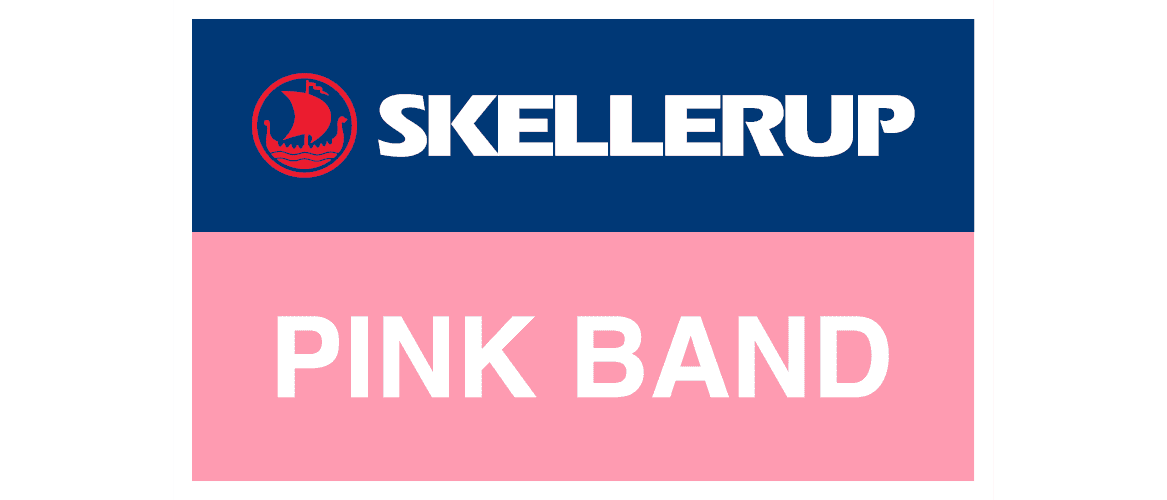 Skellerup logo with a red emblem and white text on a dark blue background above large white text reading PINK BAND on a pink background.