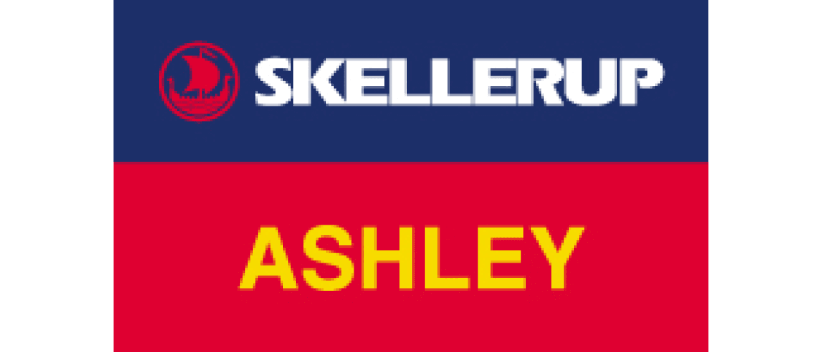 A rectangular sign with a blue top half displaying the white text SKELLERUP and a red logo, and a red bottom half with the name ASHLEY in large yellow letters.