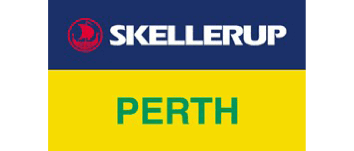 Skellerup logo with a red Viking ship icon on a blue background above the word PERTH in green on a yellow background.