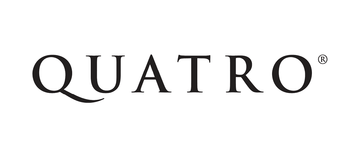 The image displays the word QUATRO in uppercase serif font with a registered trademark symbol at the top right of the last letter. The background is light gray.