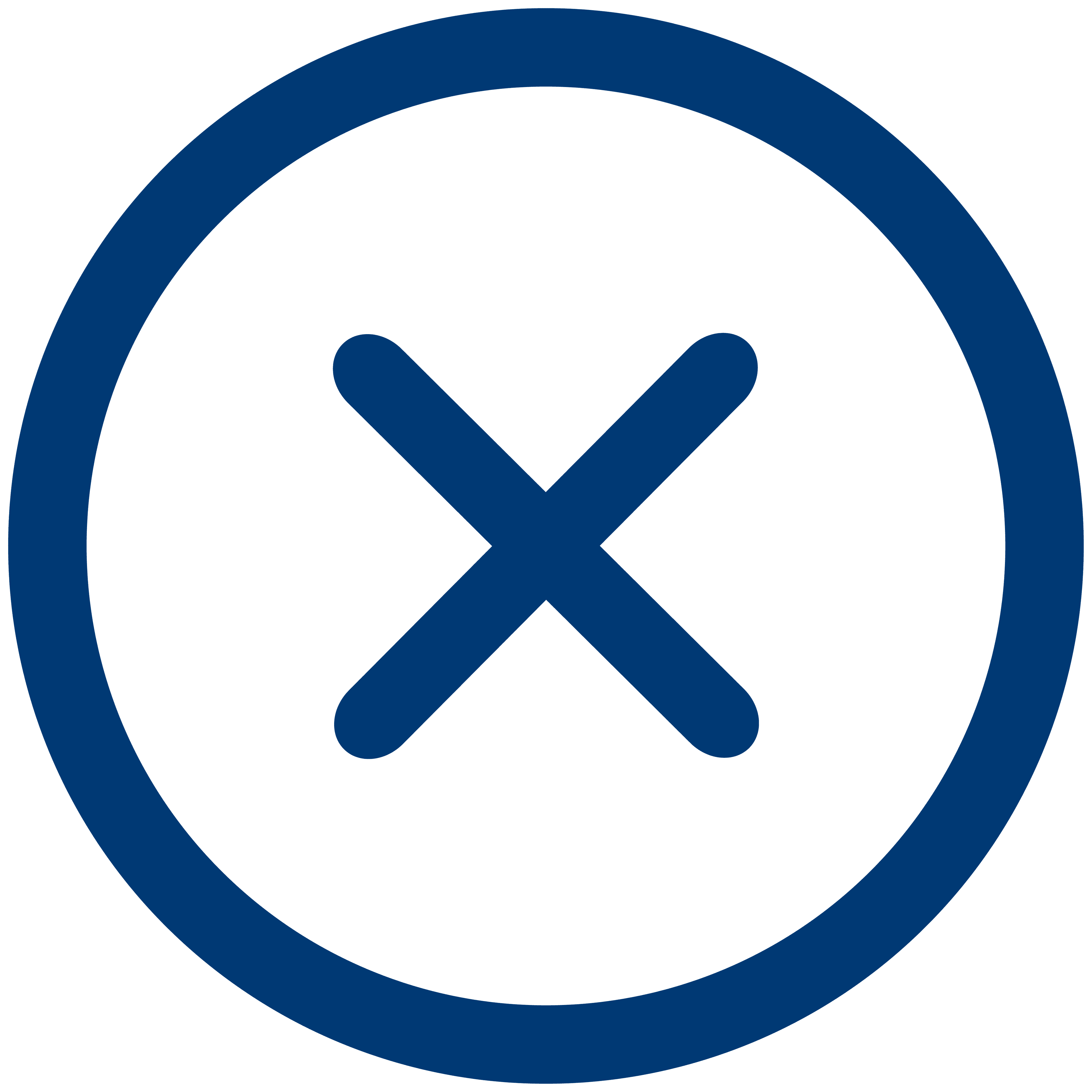 A bold blue X is centered within a blue circle on a light background, resembling a cancel, close, or incorrect symbol.