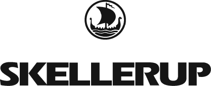 Black logo with a Viking ship in a circle above the bold, uppercase word SKELLERUP on a light background.
