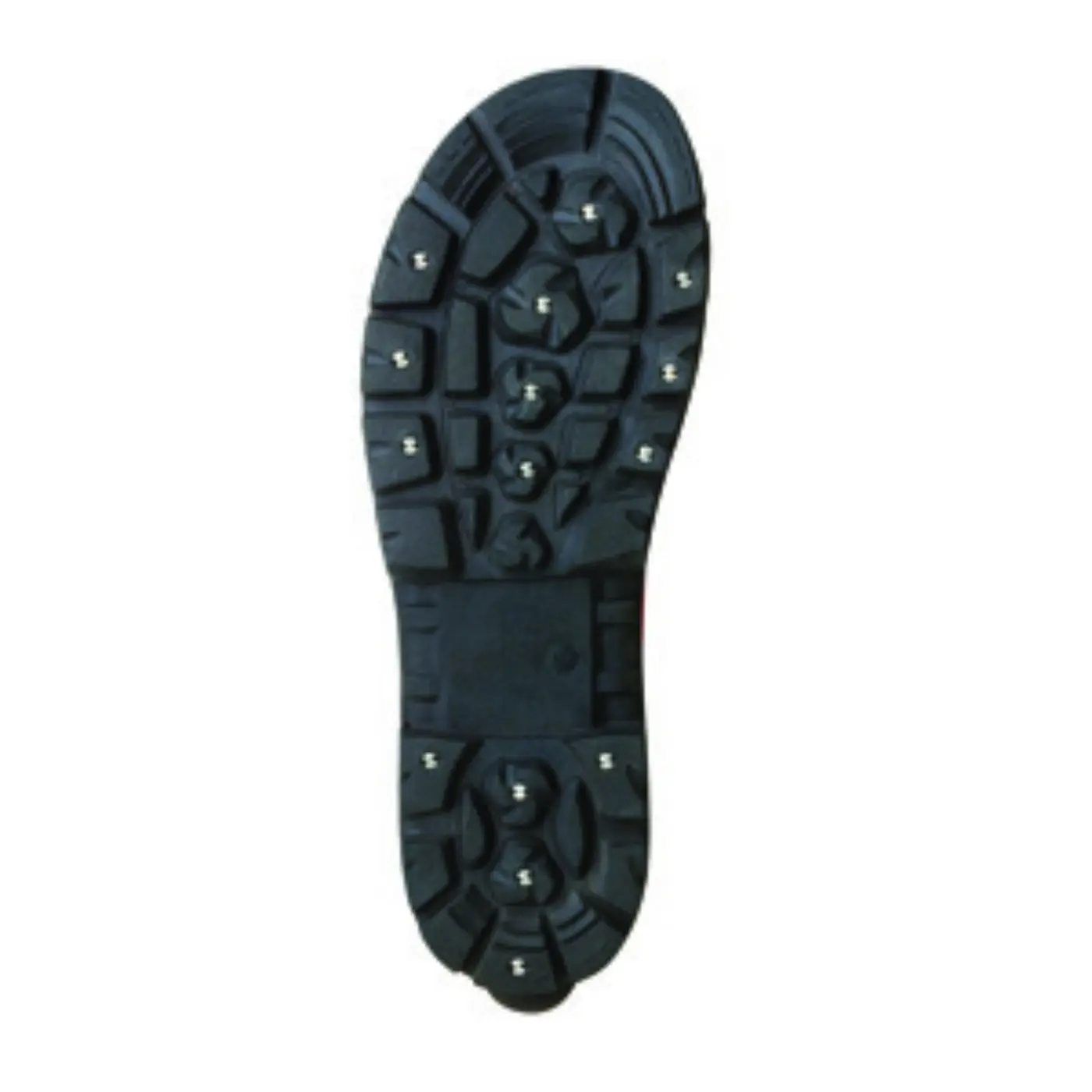 Black boot sole with rugged treads and multiple small metal studs embedded across the bottom, designed for enhanced grip and traction.