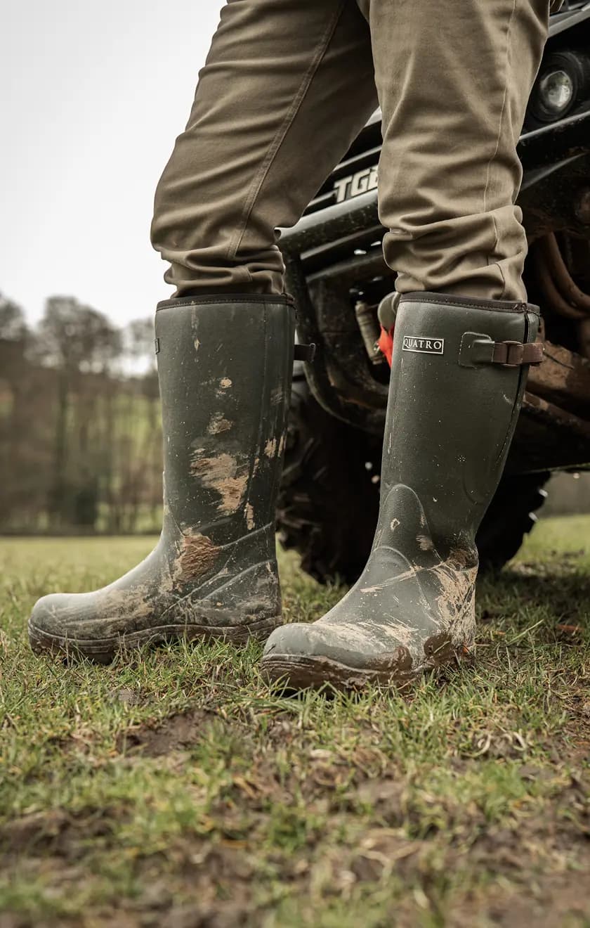 A person wearing muddy green rubber boots and khaki pants stands on grassy ground near an off-road vehicle. Trees and a field are visible in the blurred background.