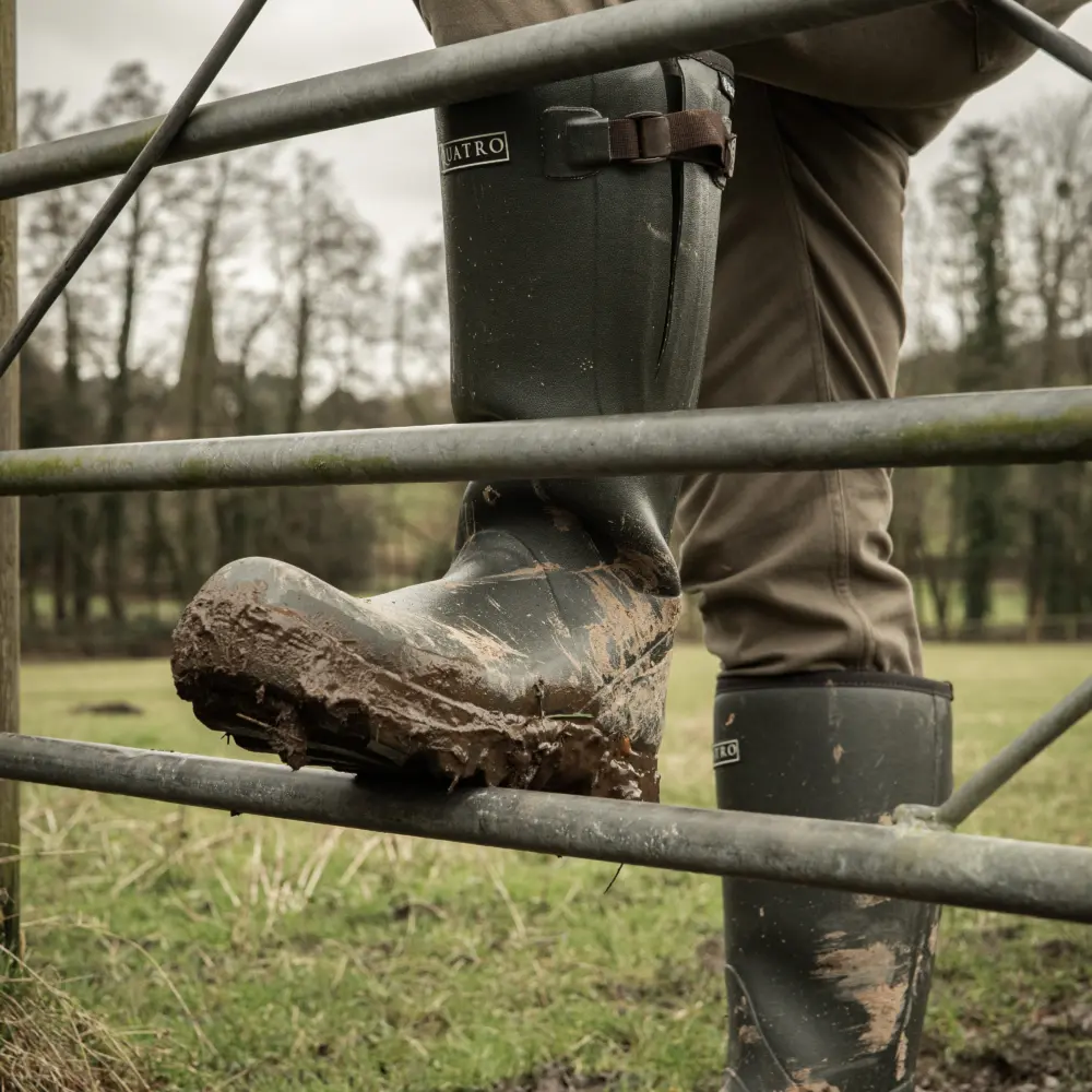 A person wearing muddy rubber boots climbs over a metal farm gate in a grassy, rural area with trees in the background.