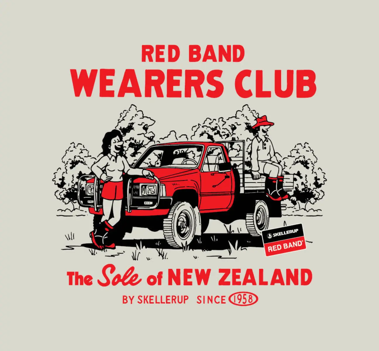Illustration of two people in Red Band gumboots, one leaning on a red pickup truck and the other sitting in the back. Text reads, Red Band Wearers Club - The Sole of New Zealand by Skellerup since 1958.