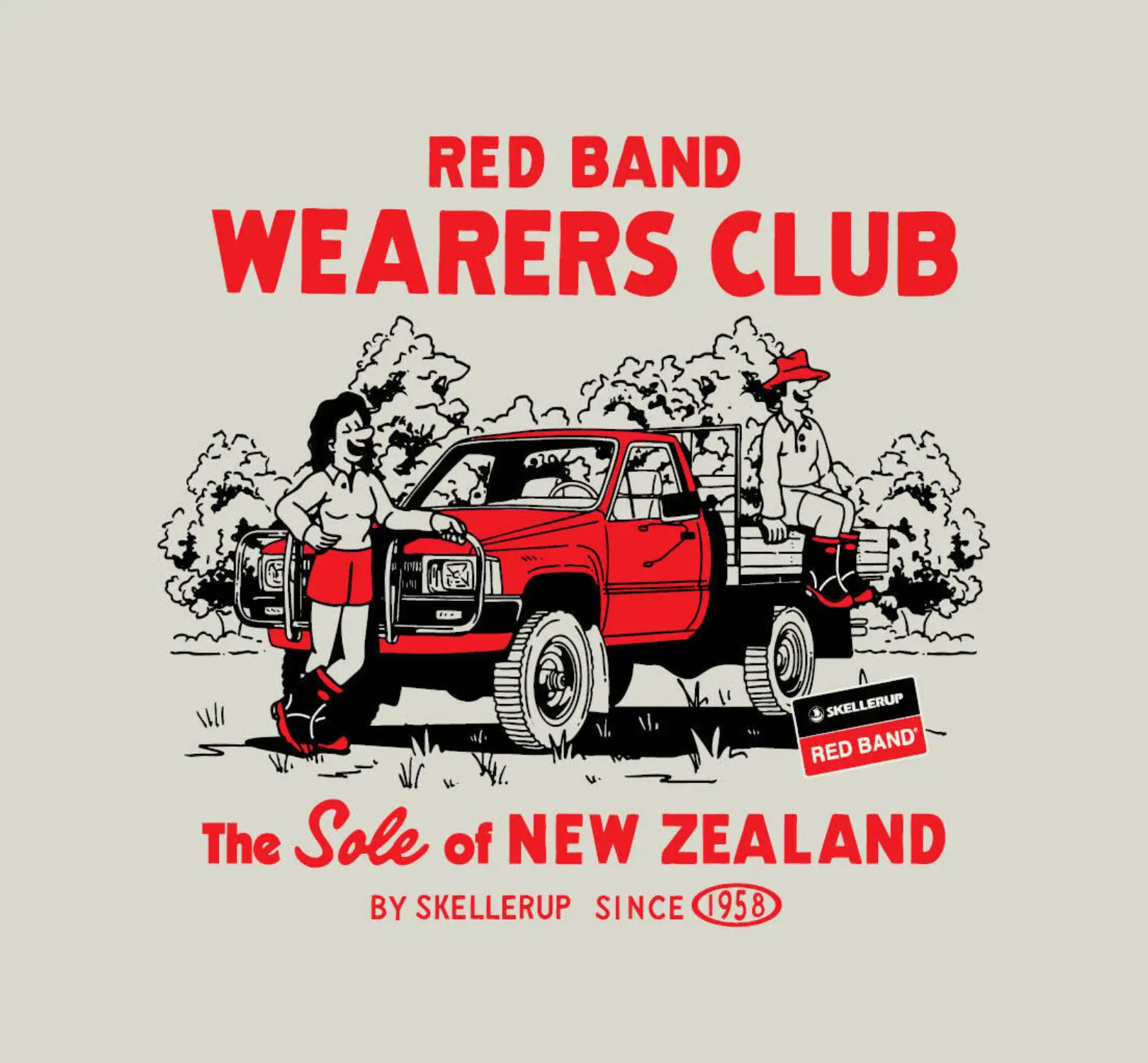 Illustration of two people in Red Band gumboots, one leaning on a red pickup truck and the other sitting in the back. Text reads, Red Band Wearers Club - The Sole of New Zealand by Skellerup since 1958.