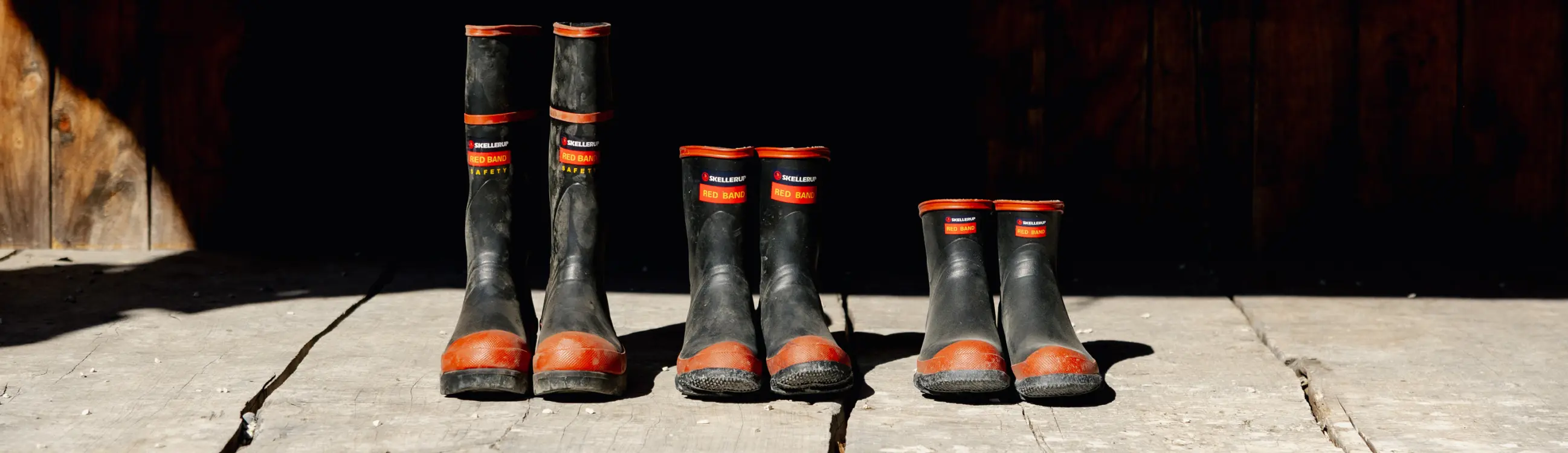 Four pairs of black rubber boots with red trim are standing in a row on a weathered wooden floor in front of a dark wooden wall, with sunlight shining on them.
