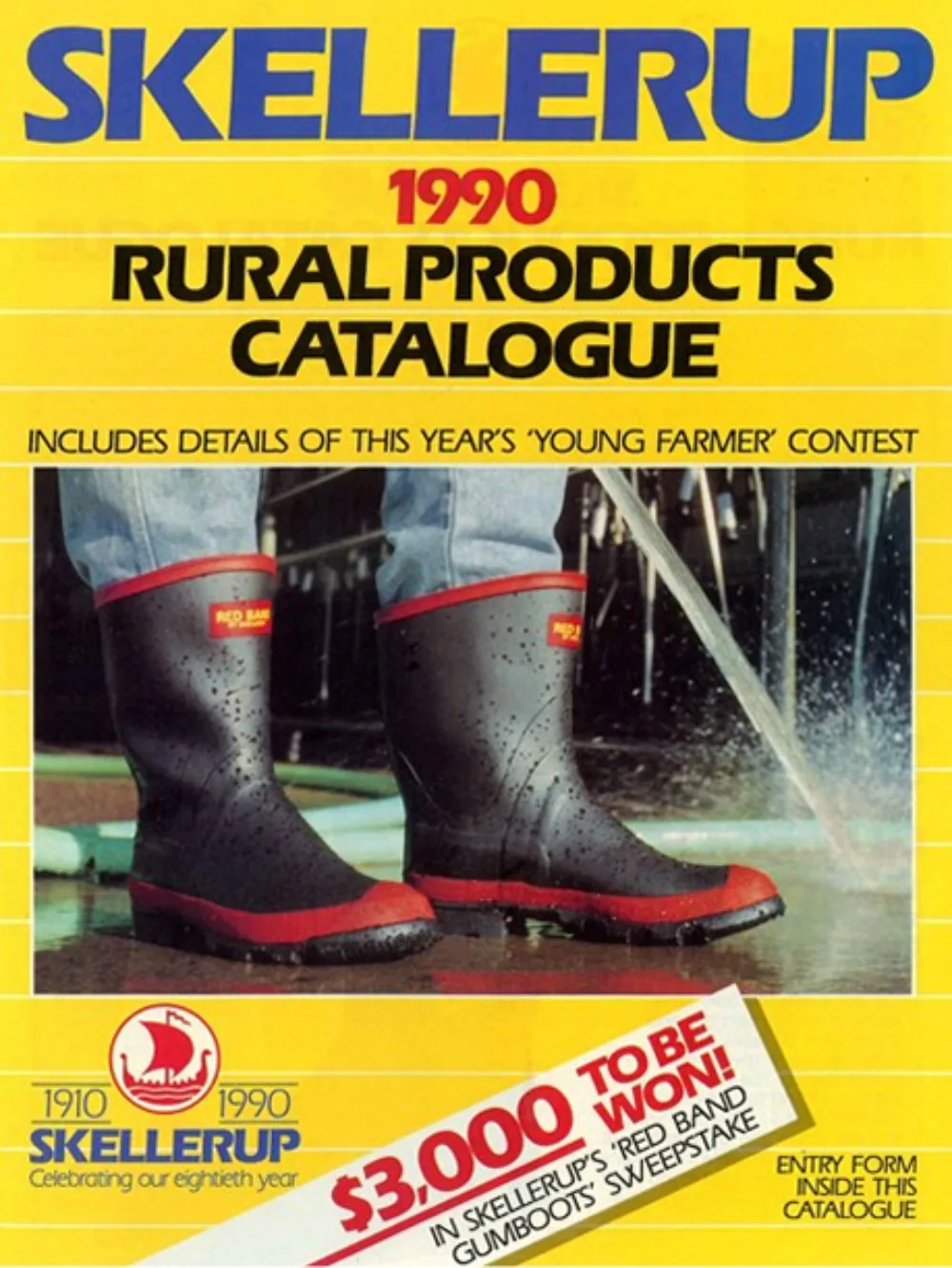 Cover of the 1990 Skellerup Rural Products Catalogue featuring a close-up of two people wearing black and red gumboots. Bold yellow and blue text advertises prizes and a Young Farmer contest.