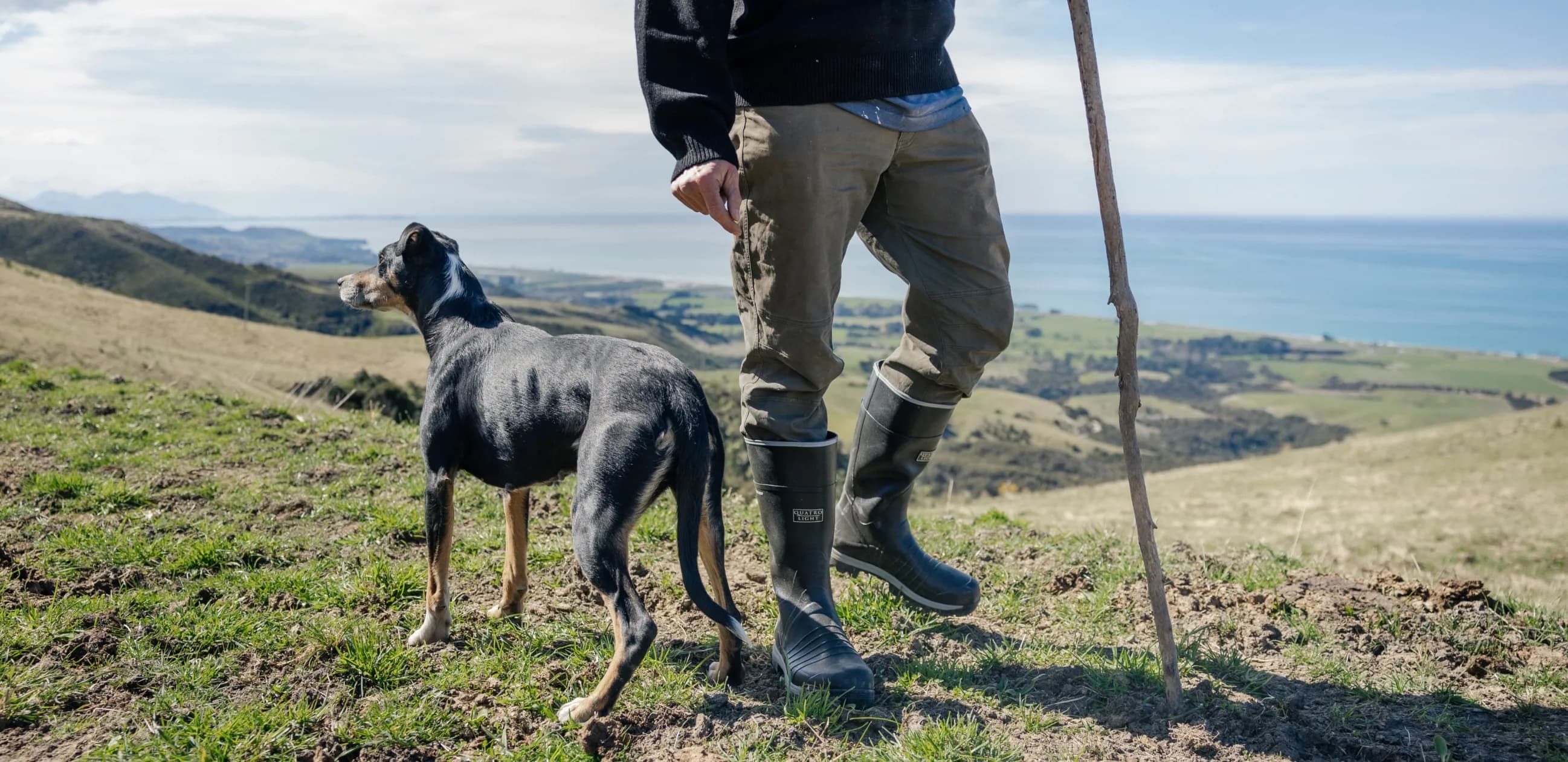 A person in rubber boots stands on a grassy hillside with a stick, accompanied by a black and tan dog, overlooking a scenic coastal landscape with blue sky and ocean in the distance.
