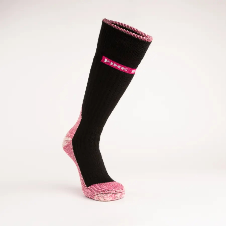 A single knee-high sock with a black upper section and pink foot and toe areas, featuring a small pink label with white text near the top, displayed on a plain white background.