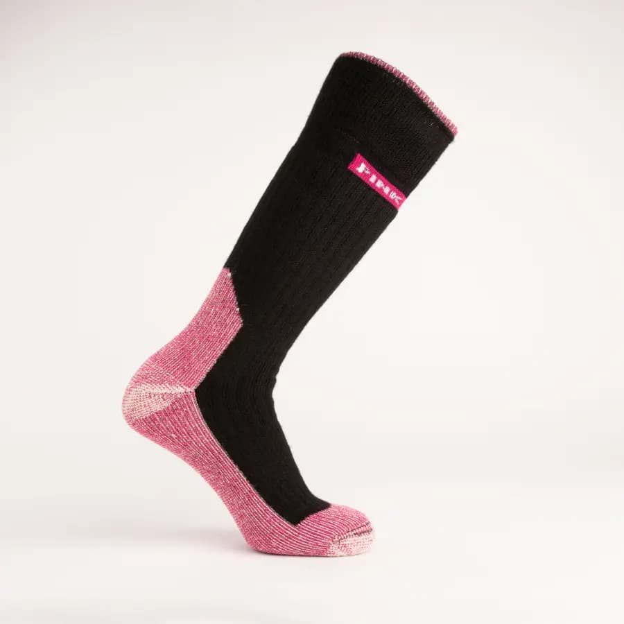 A single knee-high sock with a black body and pink heel, toe, and cuff, featuring a pink band with white text near the top, displayed on a white background.