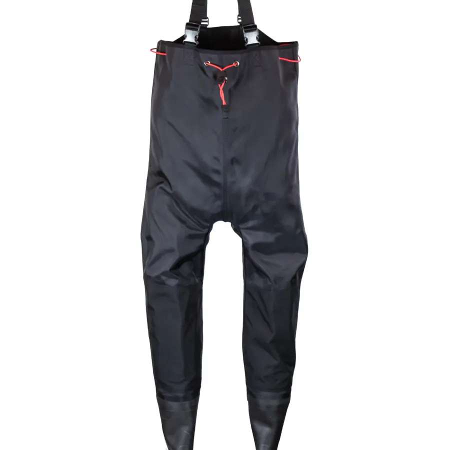 Black waterproof chest waders with attached boots, adjustable shoulder straps, and a front drawstring, displayed against a white background.