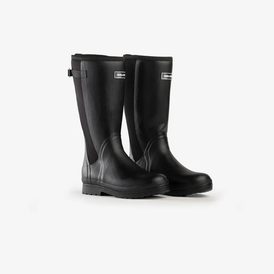A pair of tall black rubber rain boots with textured soles and a strap detail near the top, displayed against a plain white background.