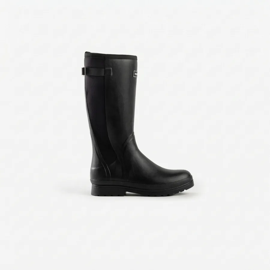 A single black rubber rain boot with a textured sole and a small buckle detail near the top, displayed on a white background.