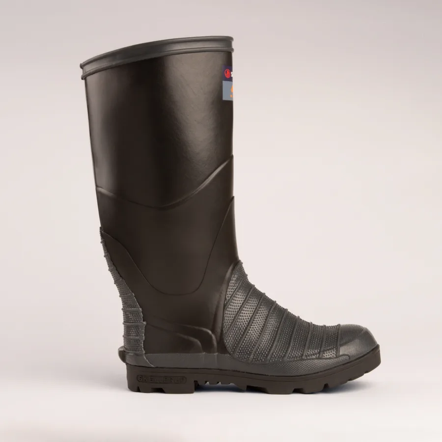 A single black rubber work boot with textured reinforcement on the foot and a rugged sole, displayed against a plain light background.