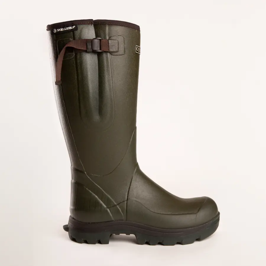 A single tall, dark green rubber boot with a rugged sole and an adjustable strap near the top, photographed on a plain white background.