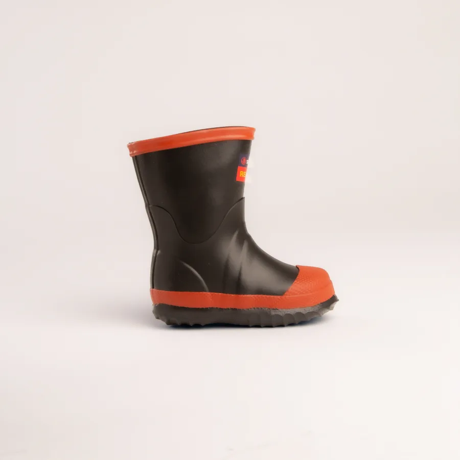 A single childrens rubber rain boot in black with an orange sole, toe, and trim, displayed against a plain white background.