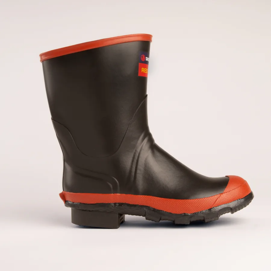 A black rubber boot with a thick sole and bright orange trim around the top edge and toe, displayed against a plain white background.